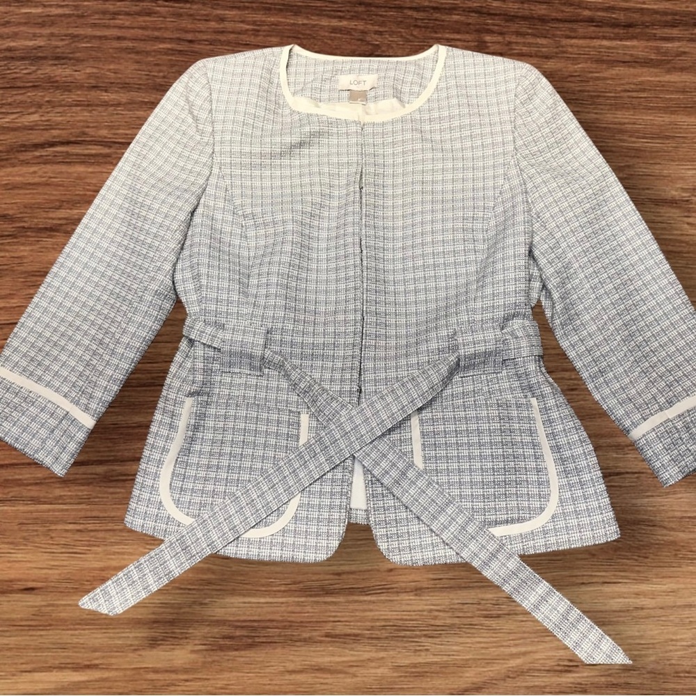 Ann Taylor Loft Women’s Plaid Belted Tweed Jacket Blazer Grey & White Size S